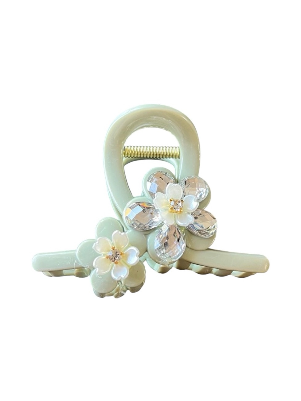 Sage Green & Mother Of Pearl Flower Floral Rhinestone 3" Lobster Claw Hair Clip